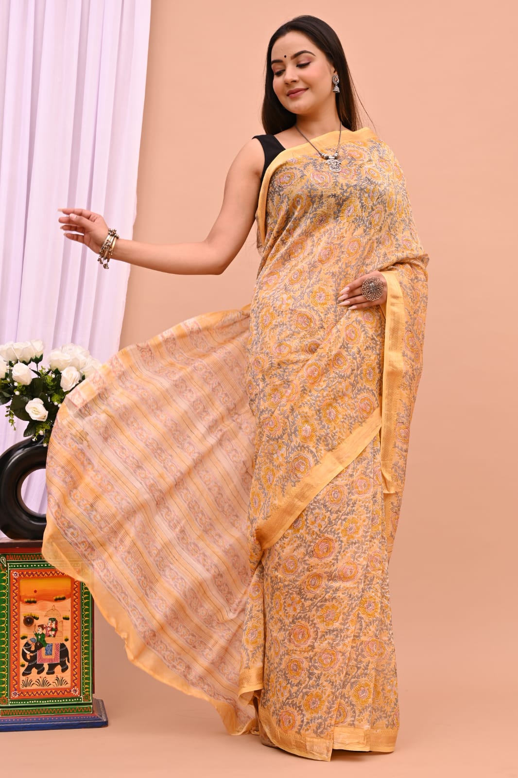 Natural Hand Blocks Prints Maheshwari Silk Sarees