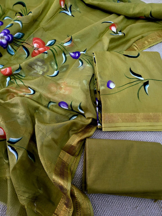 Hand Painted Maheshwari Silk suit